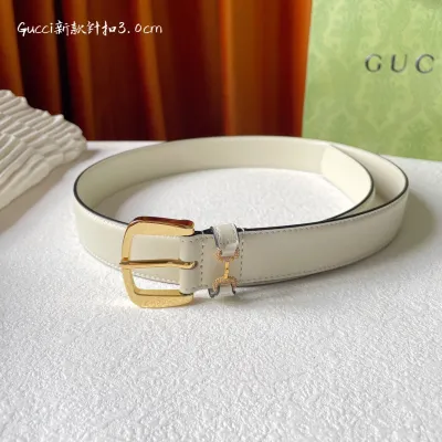 Gucci Women's Square Buckle With Beading Horsebit Thin Belt In White/Black Smooth Calfskin With Gold/Silver Hardware 30mm