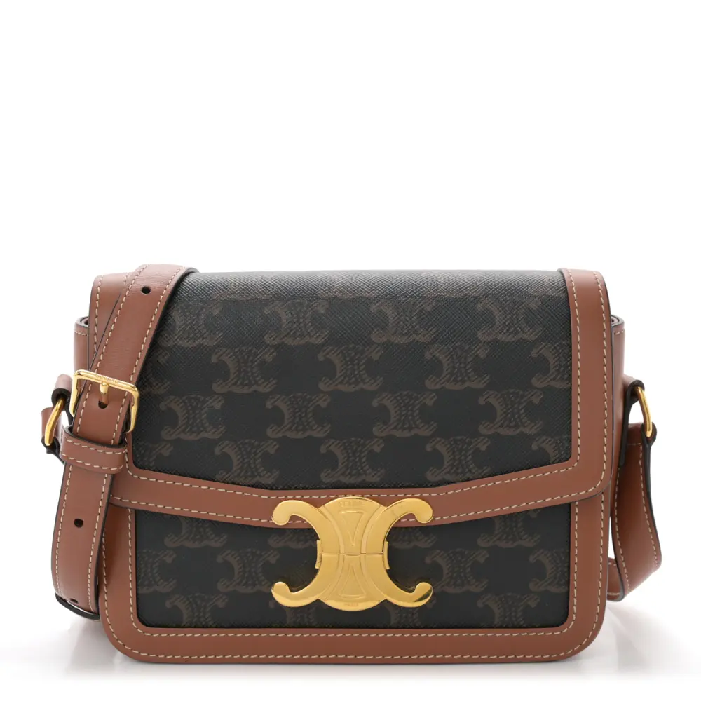 Bolsa Celine Teen Triomphe Média em Couro Bezerro Bege e Canvas Triomphe com Acabamento Dourado