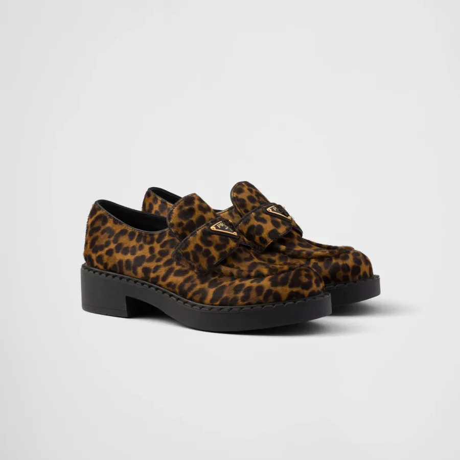 PRADA Honey colored Chocolate printed leather Loafers