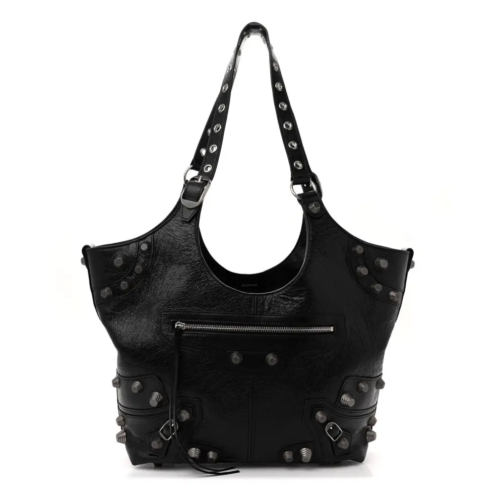 Balenciaga Bolsa Carry All Le Cagole Média em Couro Agneau Arena Preto com Hardware Prata