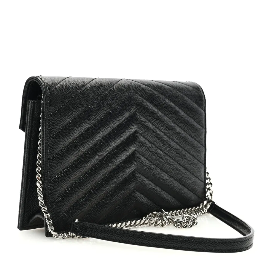 Saint Laurent Small Envelope Chain Wallet Black Chevron Monogram Grain De Poudre Matelasse Leather Silver Hardware