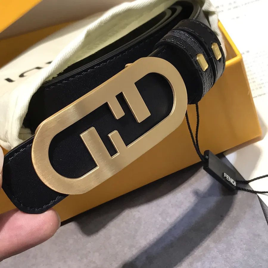 Fendi Women's O Lock Buckle Belt In Black Calfskin With Gold Hardware 30mm