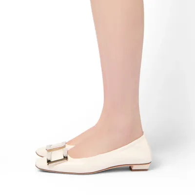 Roger Vivier Belle Vivier Ballerinas In White/Black Leather With Metal Buckle (Heel Height 2.5cm)