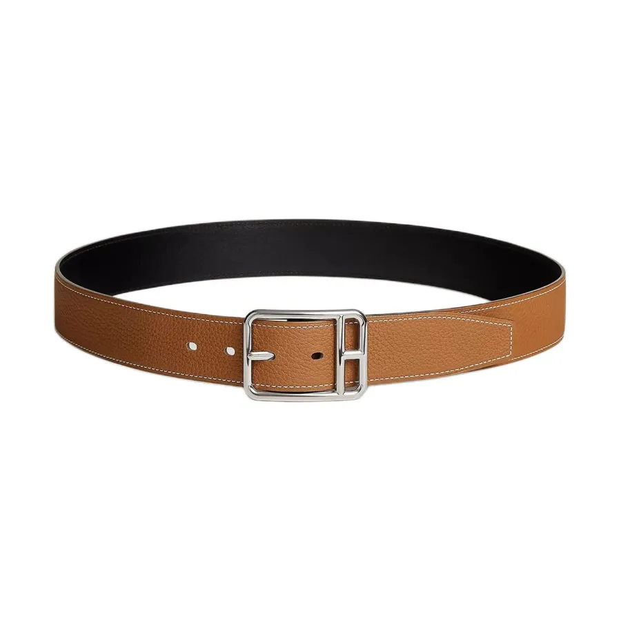 Hermès Men' s Square Buckle Half Cod Reversible Belt In Black And Brown Calfskin With Silver Hardware 38mm