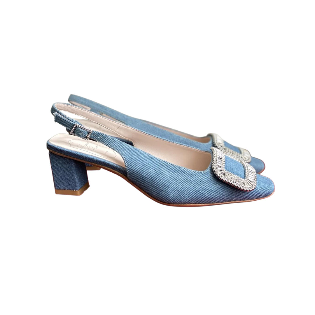 Roger Vivier Belle Viver Slingback Pumps Salto Alto em Denim Azul com Fivela de Cristal (Altura do Salto 4,5cm)