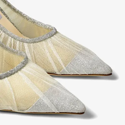 JIMMY CHOO Ivory white tulle cover metallic silver shimmer fabric heels