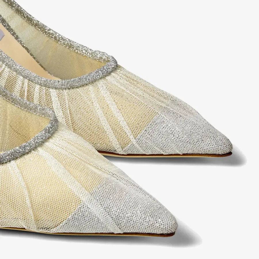 JIMMY CHOO Ivory white tulle cover metallic silver shimmer fabric heels