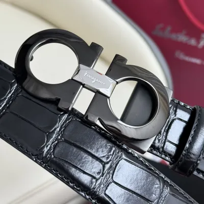 Ferragamo Men's Double Gancini Buckle Reversible Belt In Black Crocodile-Embossed Calfskin With Gold/Silver/Black Hardware 35mm