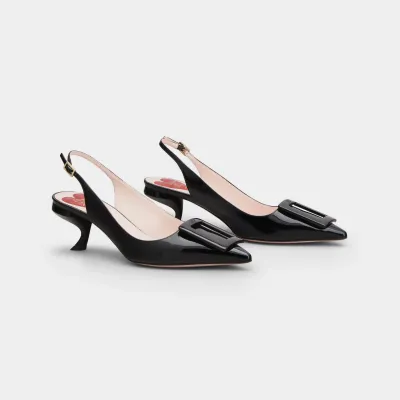 Roger Vivier Virgule Slingback Pumps High Heels In Black Patent Leather With Lacquered Metal Buckle (Heel Height 5.5cm)