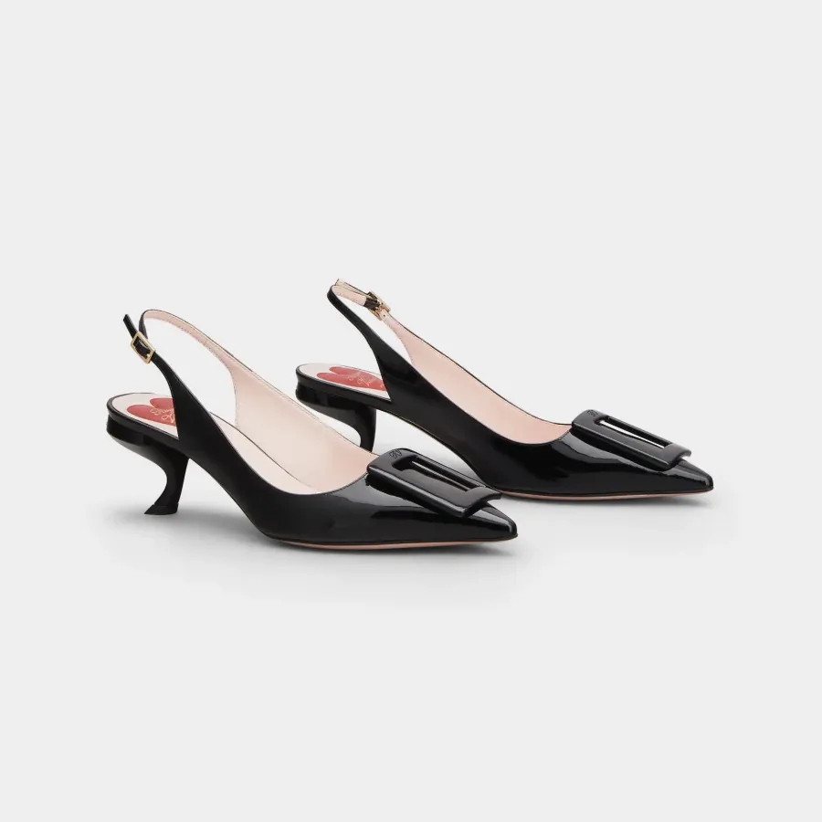 Roger Vivier Virgule Slingback Pumps High Heels In Black Patent Leather With Lacquered Metal Buckle (Heel Height 5.5cm)