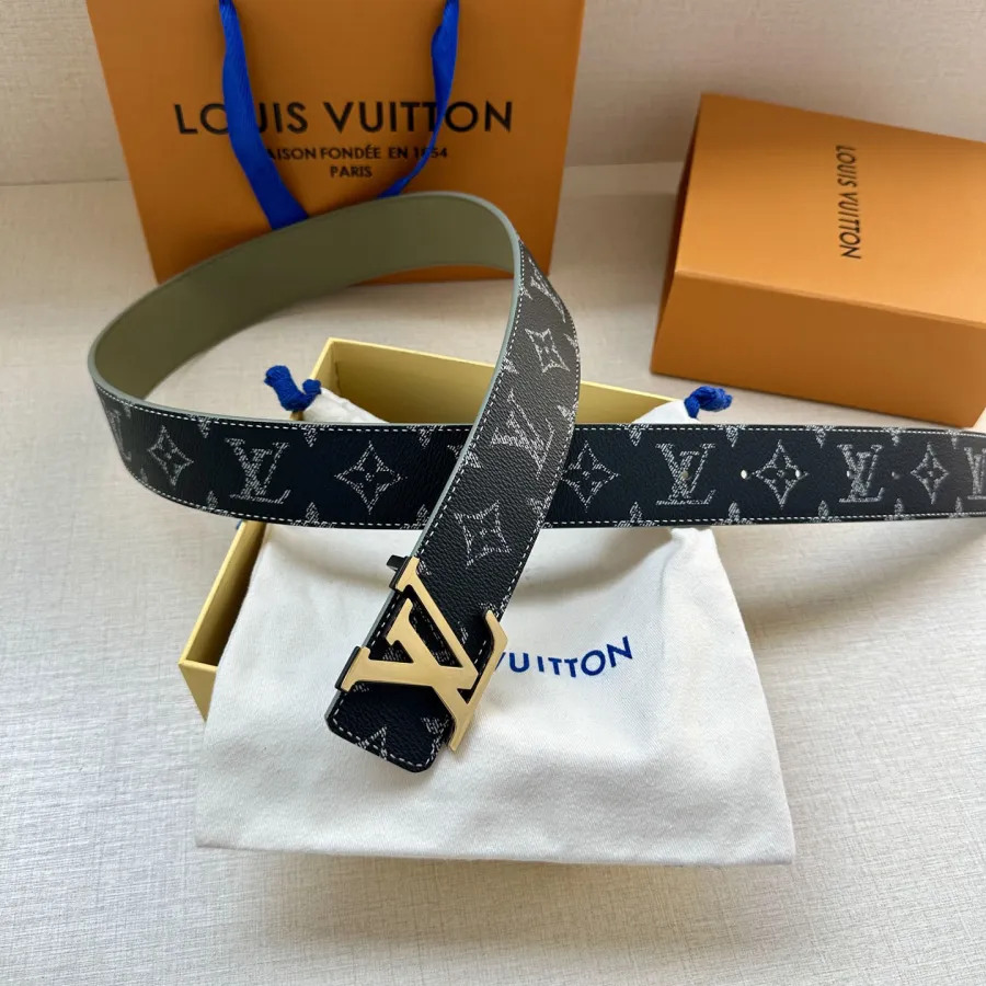 Louis Vuitton Men's Initiales Belt In Black/Blue/White/Dark Blue Monogram Canvas With Gold/Silver/Gun Black Hardware 40mm