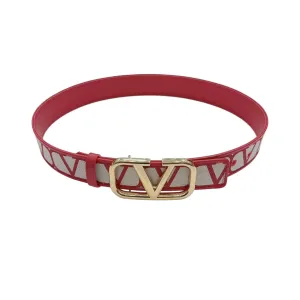 Valentino V Buckle Belt In Red/Black/Coffee Monogram Logo Calfskin With Gold/Gun Black Hardware 40mm