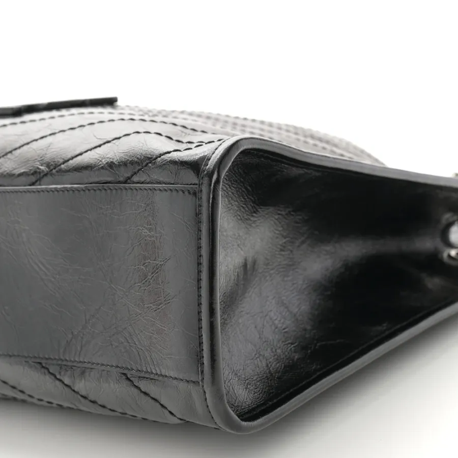 Saint Laurent Medium Niki Shopper Tote Black Crinkled Monogram Calfskin Matelasse Leather Silver Hardware