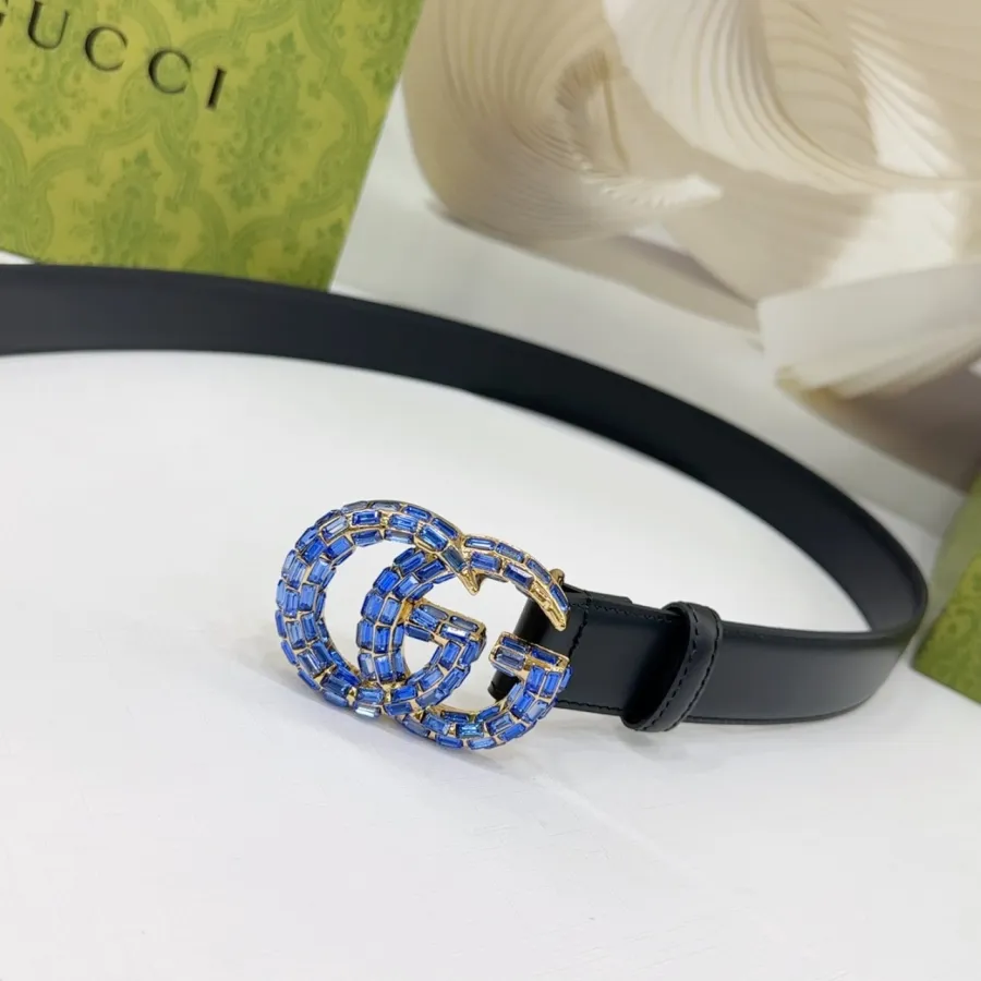 Gucci Women's GG Buckle With Crystals Marmont Thin Belt In Black/Red/Khaki/White/Grey/Green Smooth Calfskin With Gold/Silver Hardware 30mm