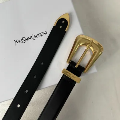 Saint Laurent Folk Buckle Belt In Black Brushed Leather With Gold/Silver Hardware 25mm