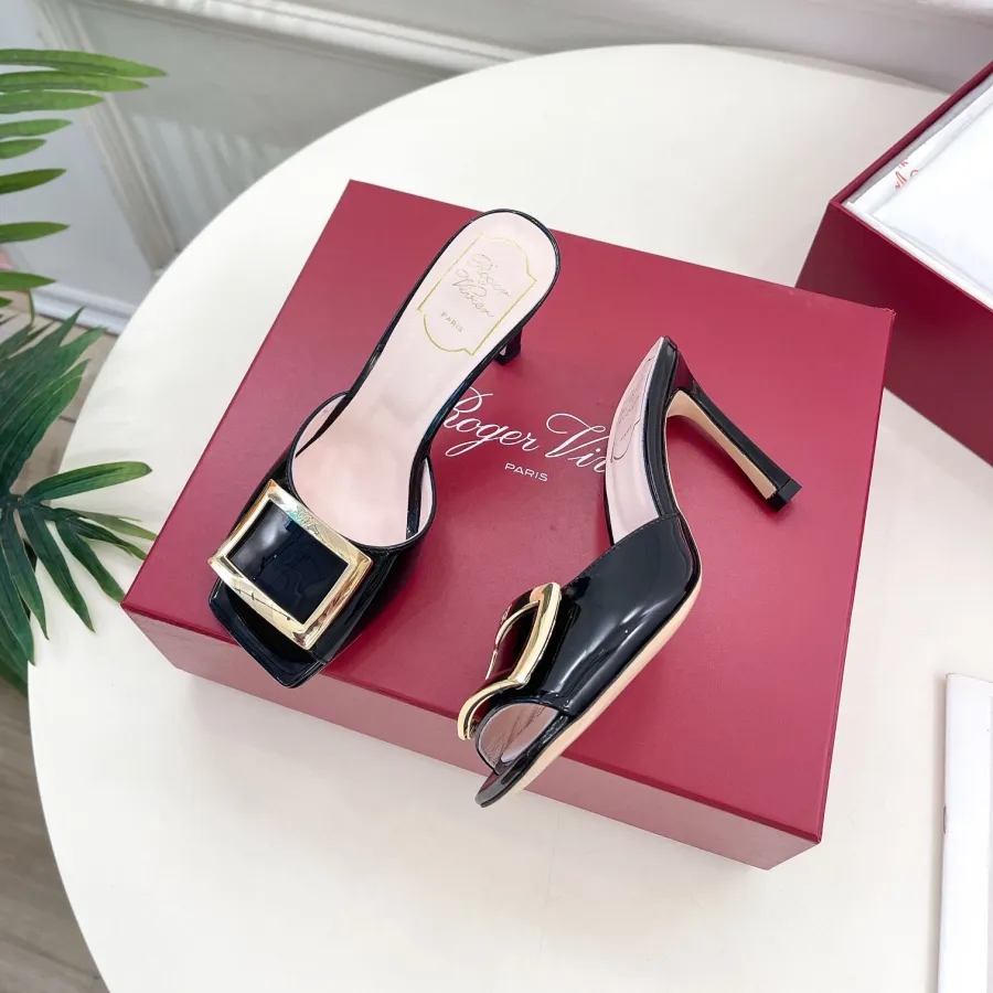 Roger Vivier Trompette Mules High Heels In White/Black Patent Leather With Metal Buckle (Heel Height 8.5cm)