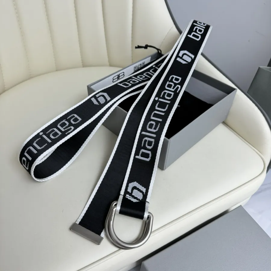 Balenciaga Men's D Ring Adjustable Belt In Balenciaga Black/White/Grey Webbing With Silver Hardware 40mm