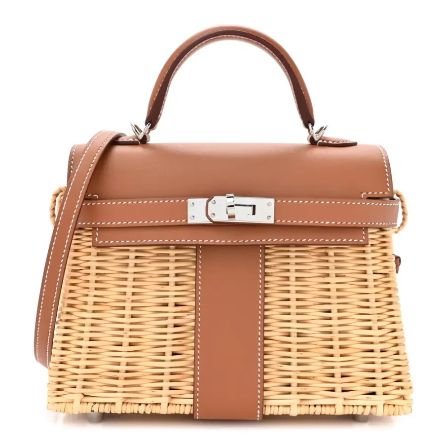 Hermès Picnic Mini Kelly 20 Naturel/Brown Wicker & Swift Leather Palladium Silver Hardware