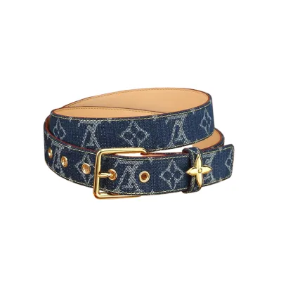Louis Vuitton Women's Flowergram Ardillon Belt In White/Blue Monogram Canvas With Gold Hardware 30mm