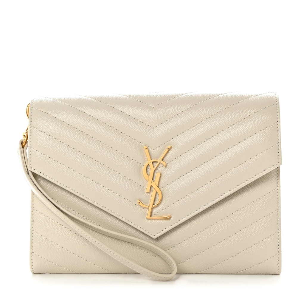 Saint Laurent Bolsa Clutch Média Envelope Blanc Vintage Chevron Monogram Grain De Poudre Matelassê Couro Hardware Dourado