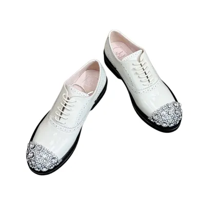 Roger Vivier Viv' Rangers Lace-Ups Loafers In White/Red Leather With Crystal Flowers