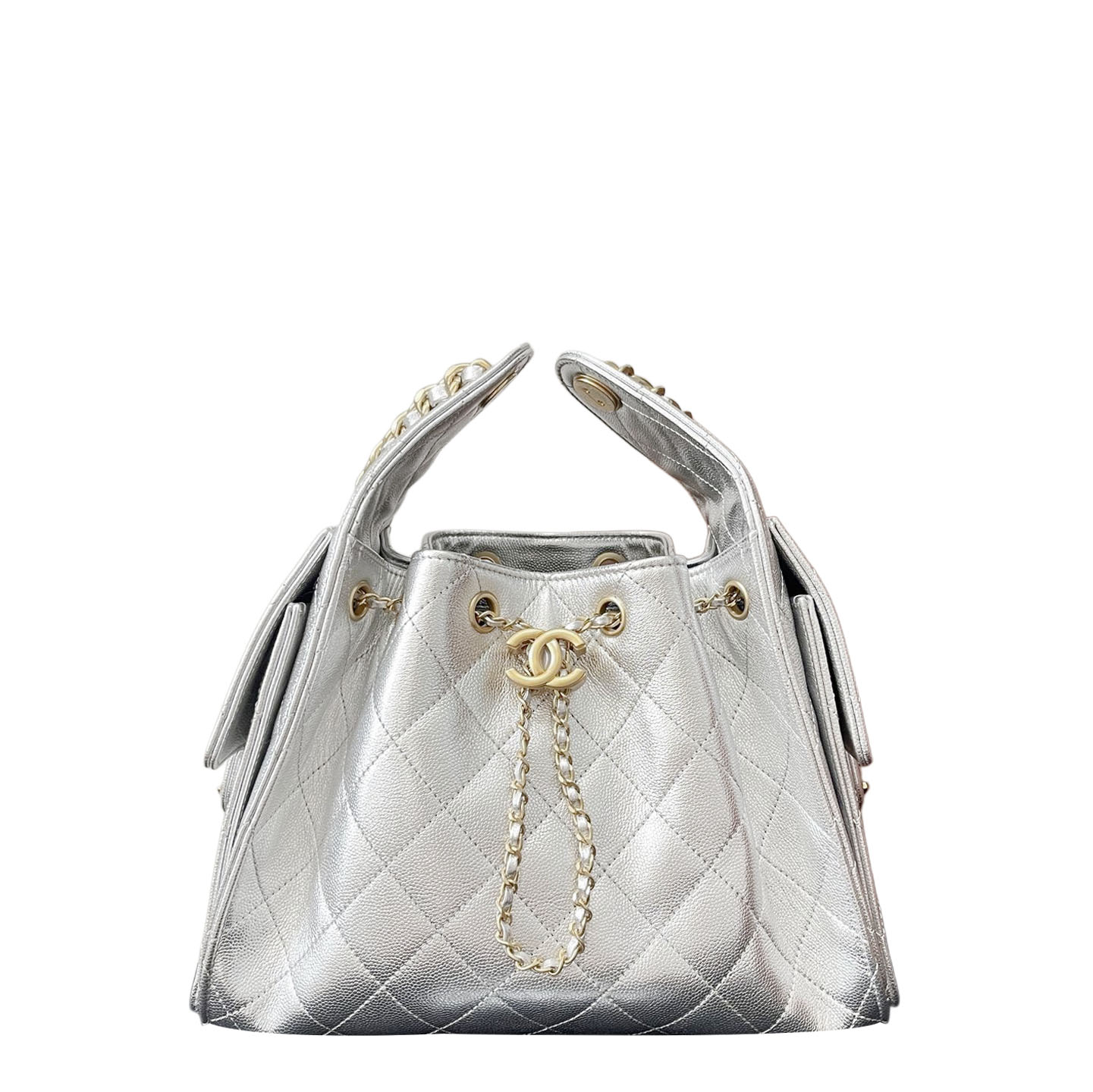 Chanel Bolsas de Ombro em Couro Acinturado Prateado