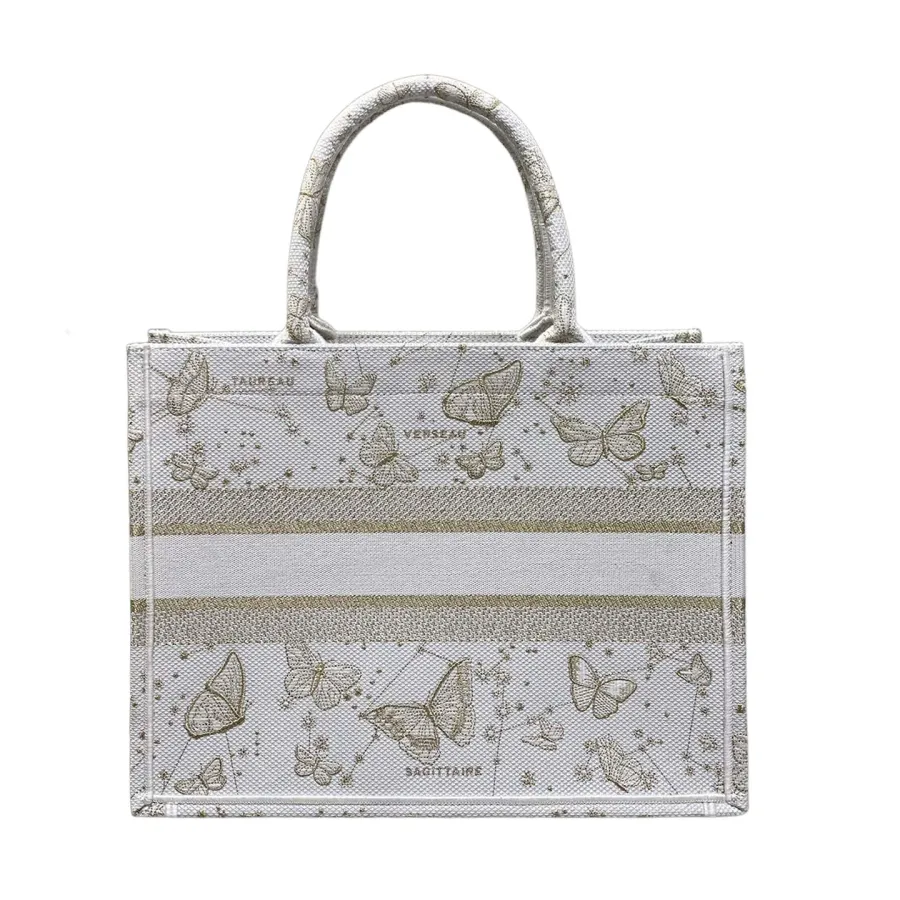 Dior Medium Dior Book Tote Gold-Tone and White Butterfly Zodiac Embroidery