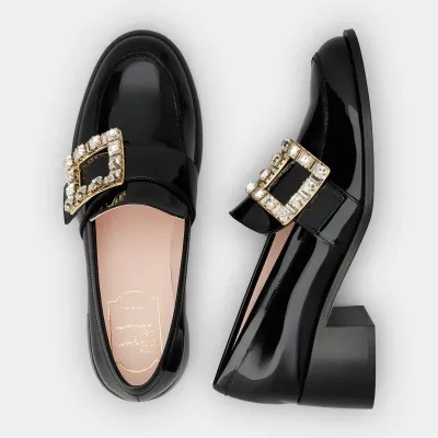 Roger Vivier Viv' Rangers Loafers In Black Patent Leather With Crystal Buckle (Heel Height 5.5cm)
