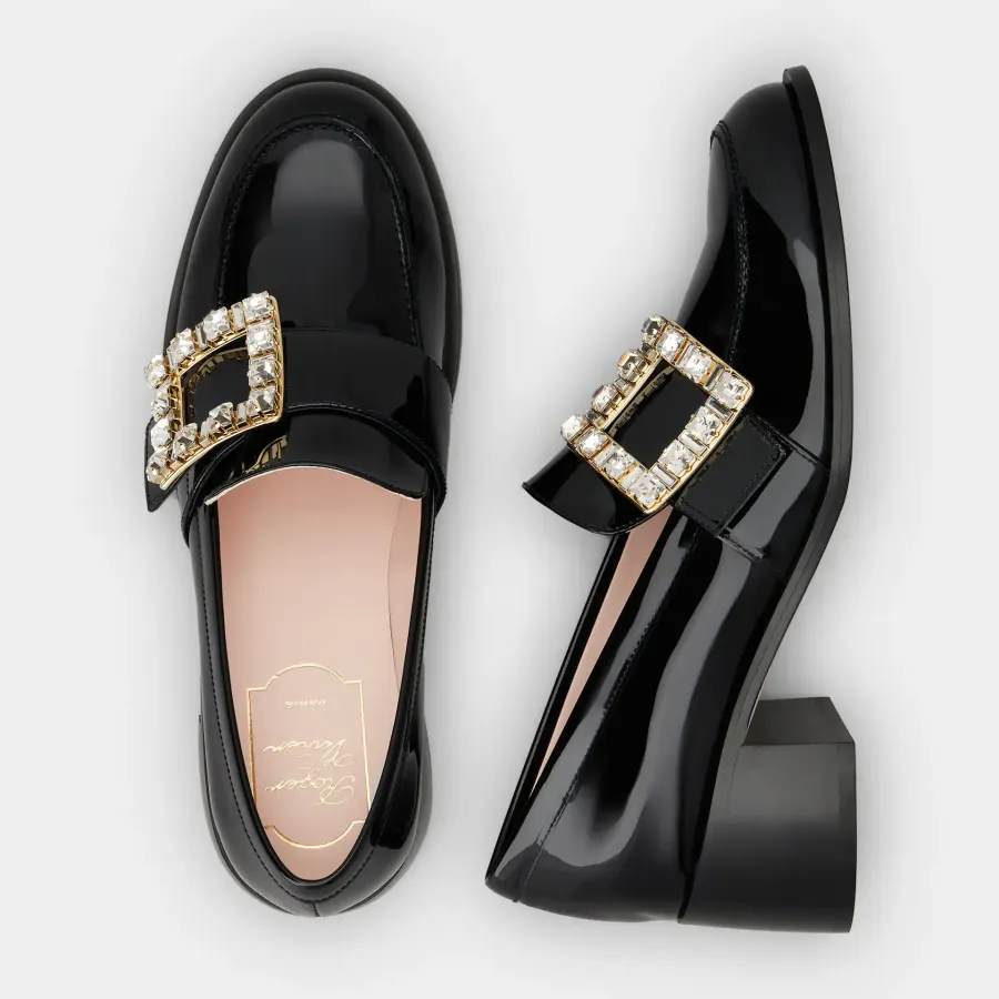 Roger Vivier Viv' Rangers Loafers In Black Patent Leather With Crystal Buckle (Heel Height 5.5cm)