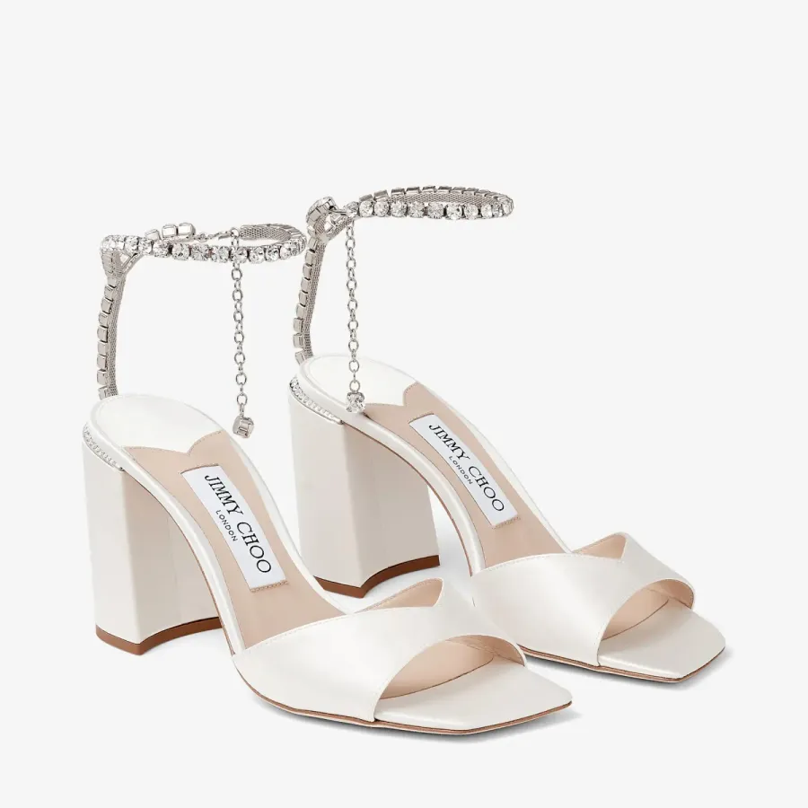 JIMMY CHOO Crystal chain ivory white satin sandals with wide high heels