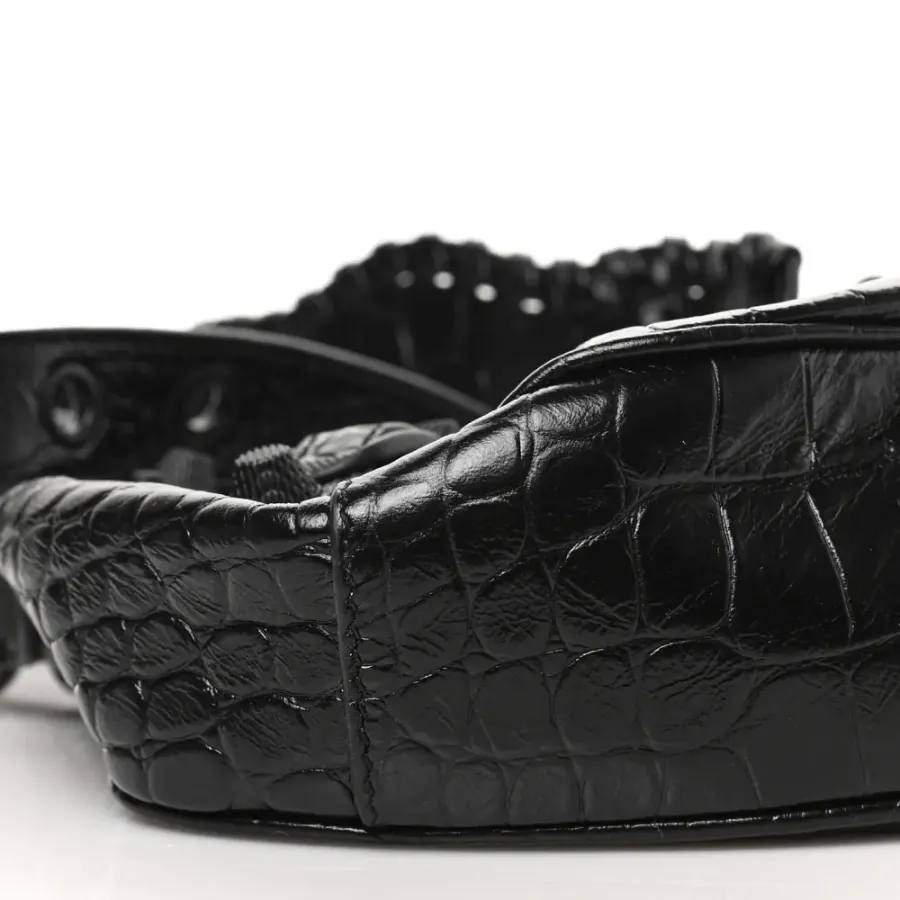 Balenciaga XS Monochrome Le Cagole Shoulder Bag Black Crocodile Embossed Extra Supple Calfskin Leather Black Hardware