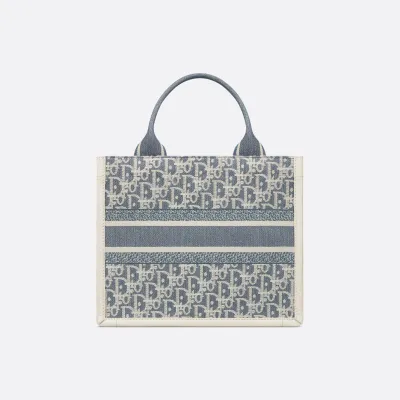 Dior Small Dior Book Tote In Blue Dior Oblique Chambray-Effect Embroidery Canvas and Calfskin Gold Hardware