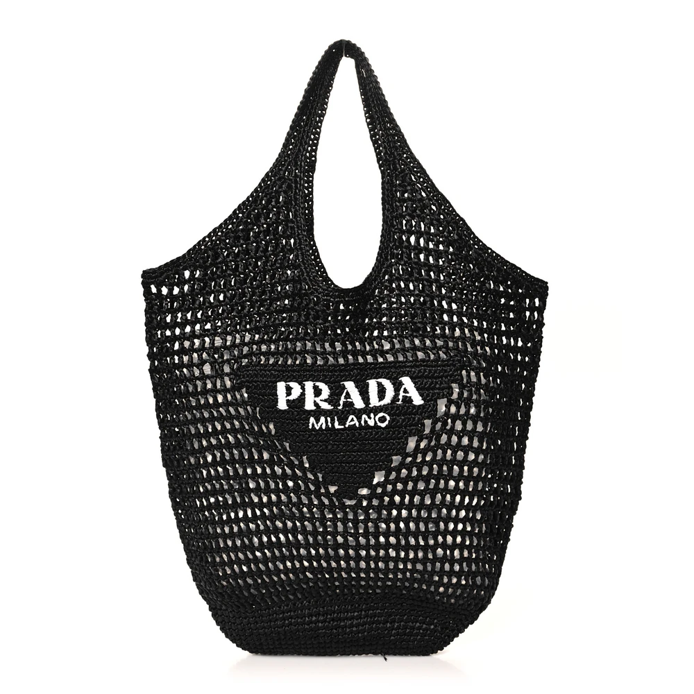 Prada Bolsa de Compras Crochê Tote Grande Efeito Logo Bordado Fio Preto Raffia