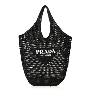 Prada Large Effect Logo Embroidered Shopping Crochet Tote Bag Black Yarn Raffia