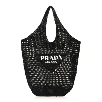 Prada Large Effect Logo Embroidered Shopping Crochet Tote Bag Black Yarn Raffia