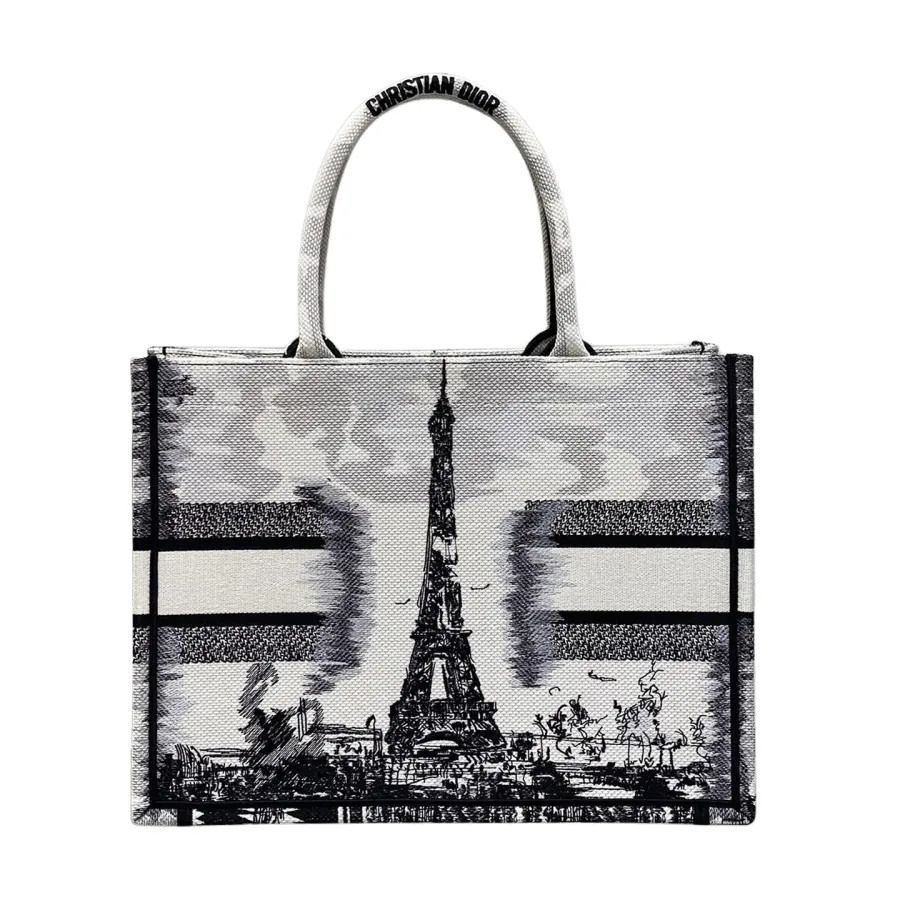 Dior Medium Dior Book Tote White and Black Paris Embroidery