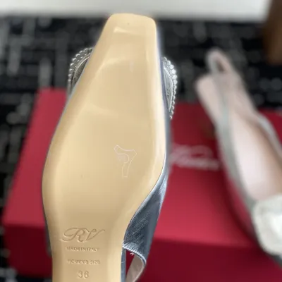 Roger Vivier Belle Viver Slingback Pumps High Heels In Silver Calfskin Leather With Crystal Buckle (Heel Height 4.5cm)