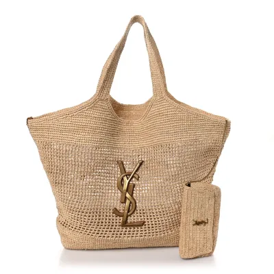 Saint Laurent Large iCare Maxi Shopping Tote Natural Raffia Brass Hardware