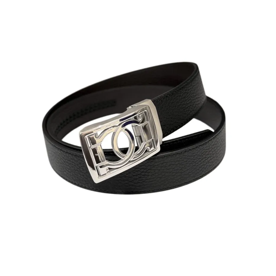 Ferragamo Men's Square Buckle Belt In Black Smooth Calfskin With Gold/Silver Hardware 35mm