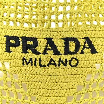 Prada Large Effect Crochet Logo Embroidered Tote Bag Cedro Yarn Raffia