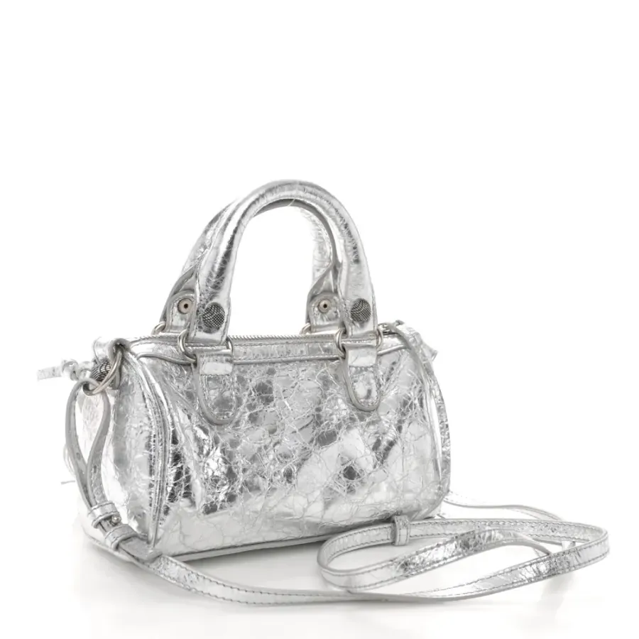 Balenciaga Crystal Neo Nano Cagole Handbag Silver Agneau Arena Leather Silver Hardware