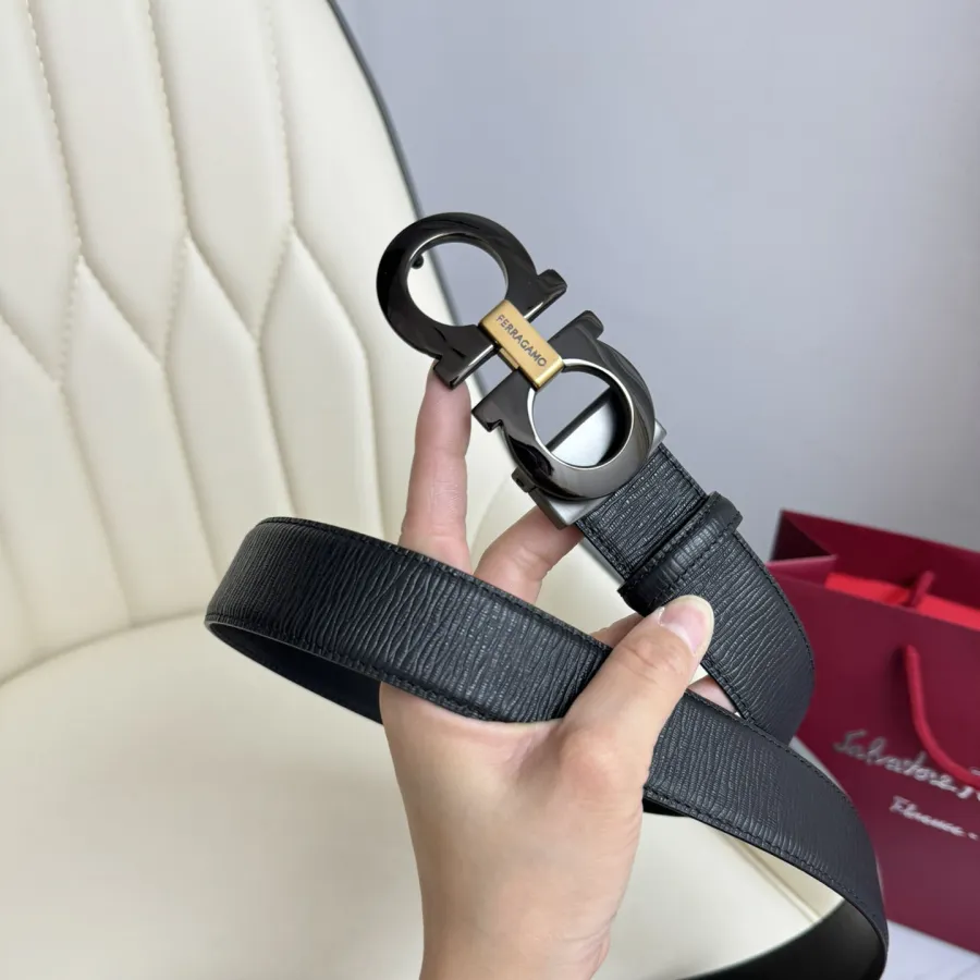 Ferragamo Men's Double Gancini Buckle Reversible Belt In Black Calfskin With Gold/Silver/Black Hardware 35mm