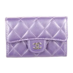 Chanel Small Interlocking CC Logo Card Holder Metallic Purple Calfskin Leather Silver Hardware