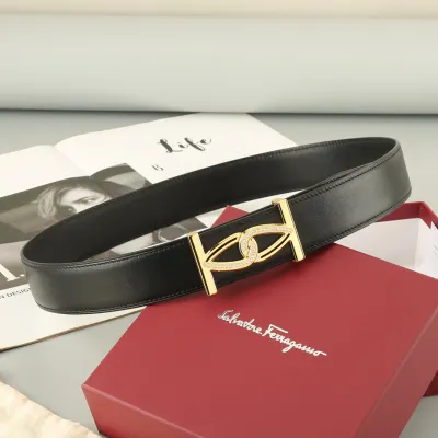 Ferragamo Men's Square Buckle With Crystal Belt In Black Calfskin With Gold/Silver Hardware 38mm