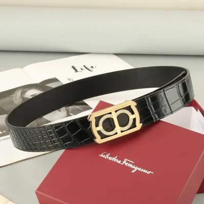 Ferragamo Men's Square Buckle With Crystal Belt In Black Crocodile-Embossed Calfskin With Gold/Silver Hardware 38mm