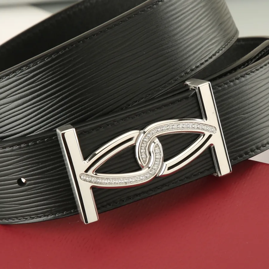 Ferragamo Men's Square Buckle With Crystal Belt In Black Calfskin With Gold/Silver Hardware 38mm