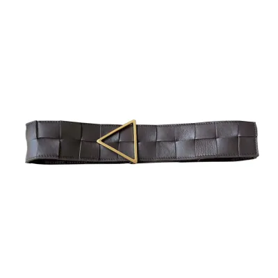 Bottega Veneta Women's Triangle Buckle Maxi Intrecciato Belt In Black/Coffee/Blue/White Calfskin With Gold/Silver Hardware 60mm