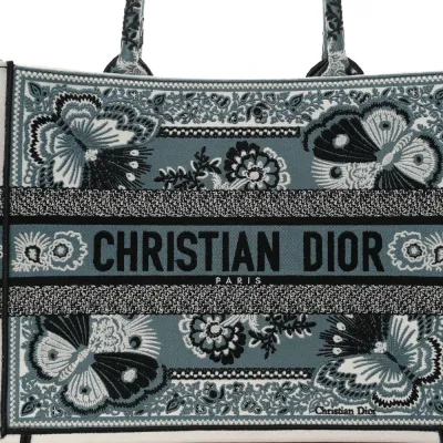Dior Medium Butterfly Bandana Book Tote Black/White Embroidered Canvas