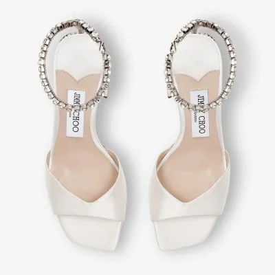 JIMMY CHOO Crystal chain ivory white satin sandals with wide high heels