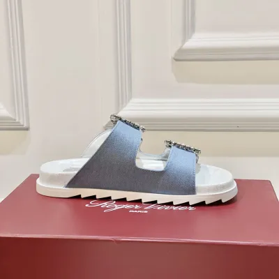 Roger Vivier Slidy Viv' Mules Sandals In Denim Blue With Crystal Buckle